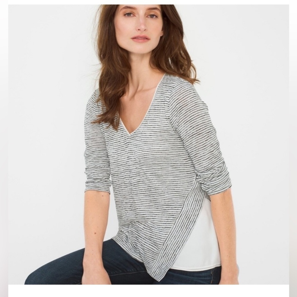 White House Black Market Women's Striped Grey White Mixed Media Knit Blouse XS
